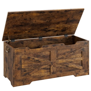 Versatile Storage Bench – 39.4" Wood Chest with Lid & Safety Hinge, Farmhouse Organizer for Blankets, Toys, Shoes – Entryway, Living Room, Bedroom – Greige/White/Rustic Brown