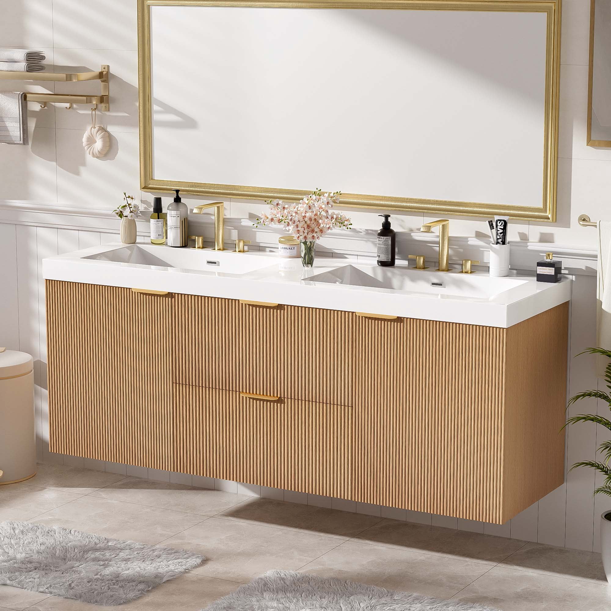 Noble House 59.3" Double Sink Bathroom Vanity, SMC Resin Top, Soft-Close Doors, Wall-Mounted, Modern Style