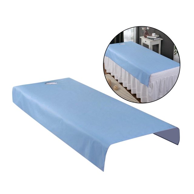Professional Waterproof Massage Bed Table Cover Anti-oil Spa Sheets in blue, crafted from high-quality polyester for a soft, skin-friendly feel. Features a face hole for comfort during massages. Waterproof, oil-resistant, and washable for easy cleaning. Portable and suitable for spa beds measuring 200x75cm, ideal for beauty salons, spas, and massage parlours.