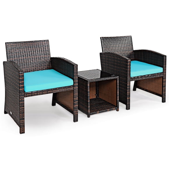 Patiojoy 3 PCS Patio Rattan Furniture Set Conversation Chair Set with Soft Cushion & Coffee Table Turquoise