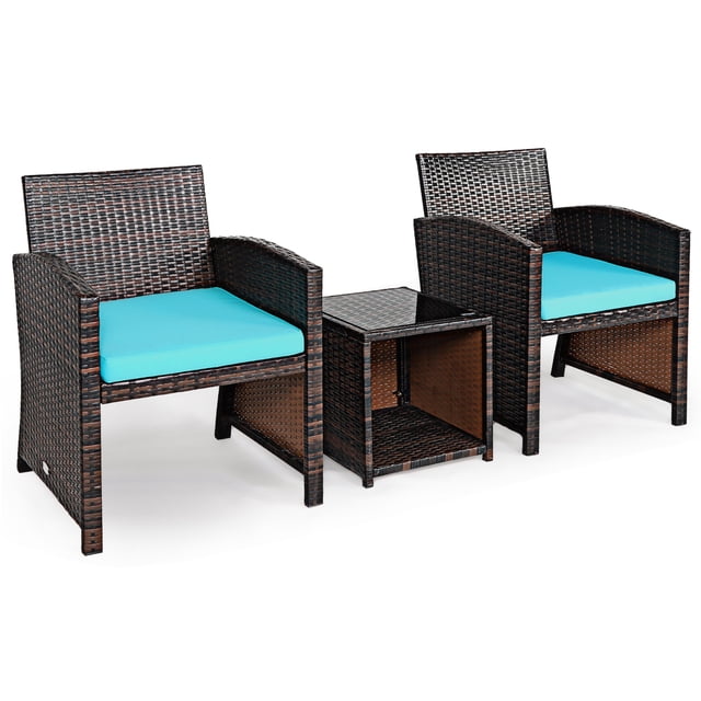 Patiojoy 3 PCS Patio Rattan Furniture Set Conversation Chair Set with Soft Cushion & Coffee Table Turquoise
