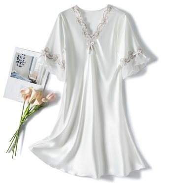 Sakmal Satin Night dress for Women Silk White Night dress Short Sleeve Nightgowns for Women