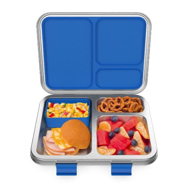 Bentgo Kids Stainless Steel Lunch Box - Blue with three leak-resistant compartments holding a turkey and cheese sandwich, a blue removable container with corn salad, pretzels, and mixed fruit including watermelon, mandarin slices, and blueberries, secured by two blue locking clips for easy opening.