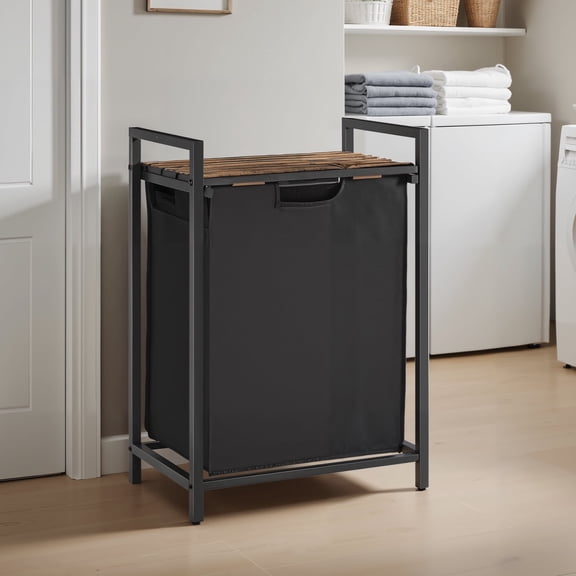 LEDREM Panier à Linge Gain de Place avec Tablette et Sacs Amovibles, Capacité de 17,2 Gallons, Cadre en Métal, pour Petits Espaces, Noir et Brun Rustique
