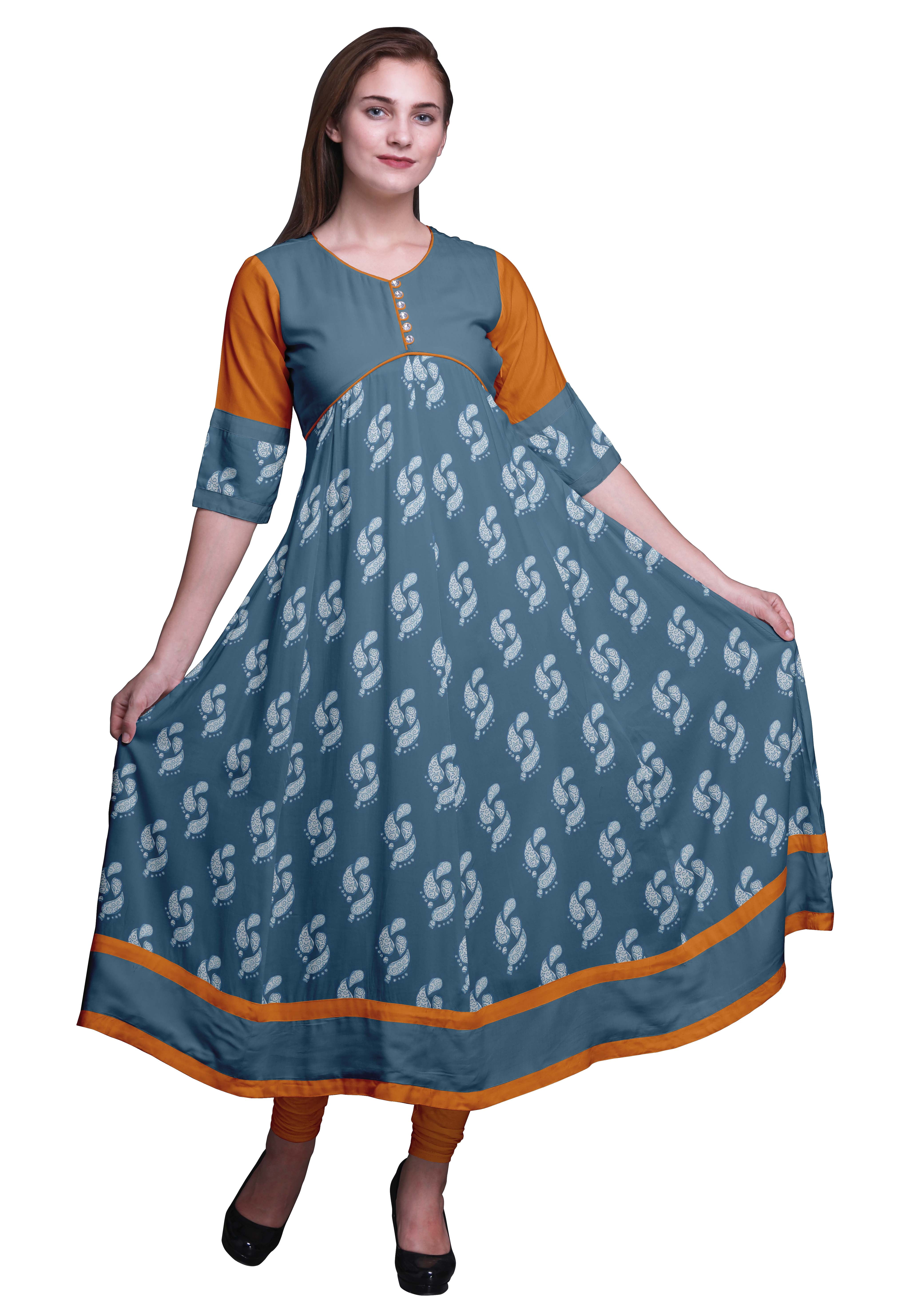 Bimba Classic Printed Indian Kurtis Tunic Long Anarkali Dress For Women
