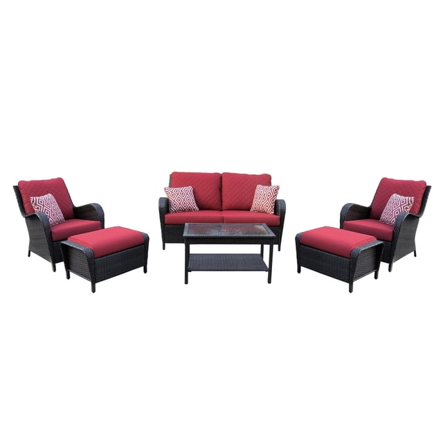 Jordan 6-Piece Conversation Set in Red with rust-resistant steel frame and black PE resin wicker, including two club chairs and ottomans with thick red cushions and patterned throw pillows, a red cushioned love seat, and a tempered glass coffee table, suitable for outdoor patio relaxation and social gatherings.