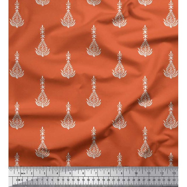 Soimoi Moss Georgette Fabric Leaves & Floral Block Print Fabric by Yard 42 Inch Wide