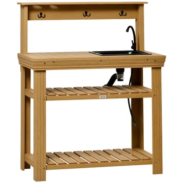Outsunny Potting Benches for Outside, Solid Wood, Gardening Bench, Removable Sink, Metal Faucet, Ample Storage