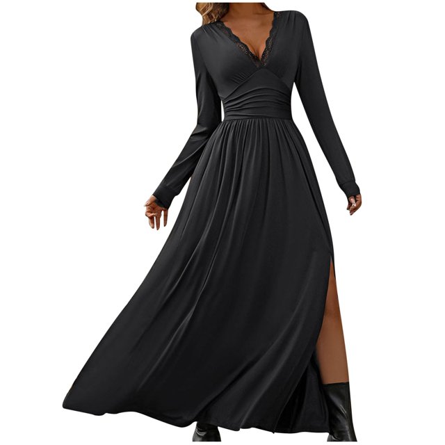 Pisexur Robes de Retour à la Maison pour Femmes Robes d'Automne Couleur Unie Tunique Col en V Robe Maxi Mode Fendue Robe Cocktail Décontractée Fluide Manches Longues Robe Formelle Enveloppante Robe d'Invité de Mariage