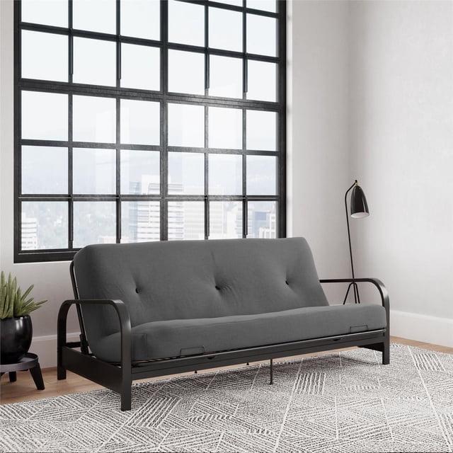 Cleo Black Metal Arm Full Size Futon Frame with 6” Thermobonded High Density Polyester Fill Mattress
