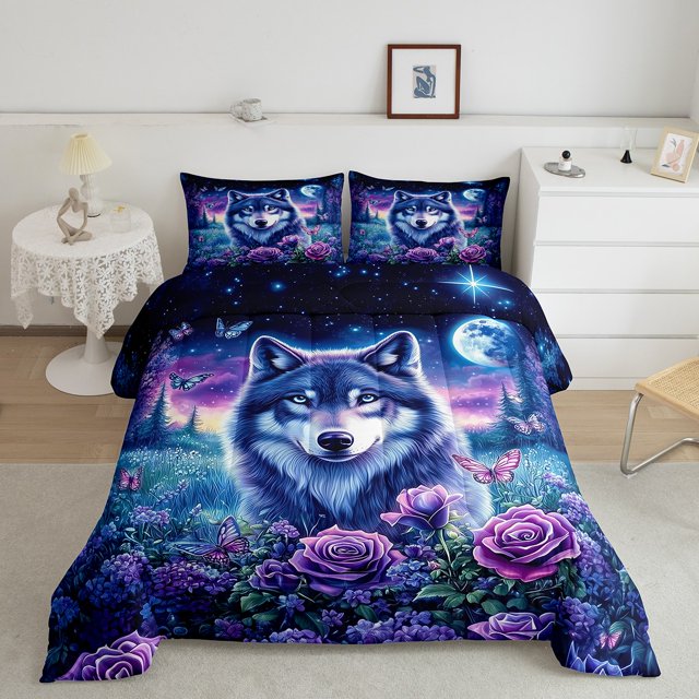 Erosebridal 3D Wolf Bedding Full Comforter Set, Romantic Floral Down Comforter, Moon Galaxy Room Decor, Reversible