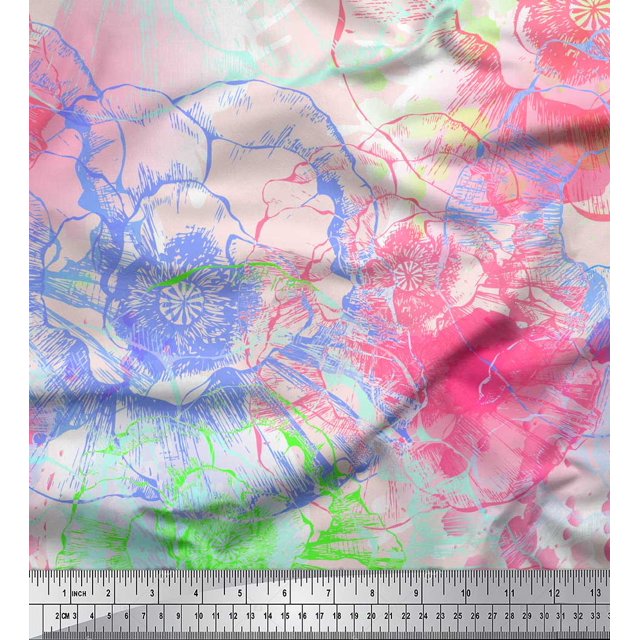 Soimoi Pink polyester Crepe Fabric Flower Watercolor Printed Fabric 1 Yard 52 Inch Wide