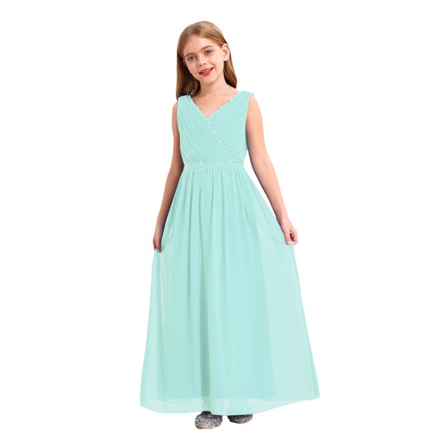 Miaeowve Robe de Demoiselle d'Honneur pour Fille Sans Manches en Mousseline Perlée, Robe de Demoiselle d'Honneur Junior, Robe de Fête de Mariage pour Filles, Vert Menthe 8