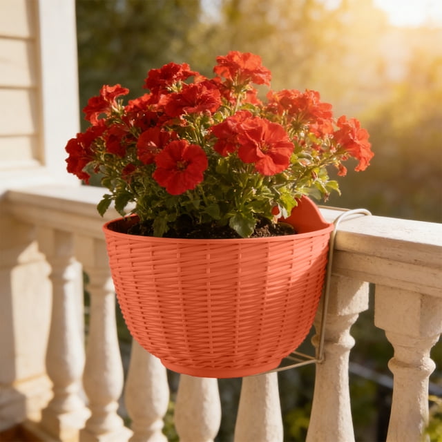 CaiYueKe Large Rattan Textured Semi Circular Wall Mounted Plastic Planter Hanging Flower Pot for Indoor Outdoor Home Garden Decor Decorative Plant Holder Basket for Balcony Patio