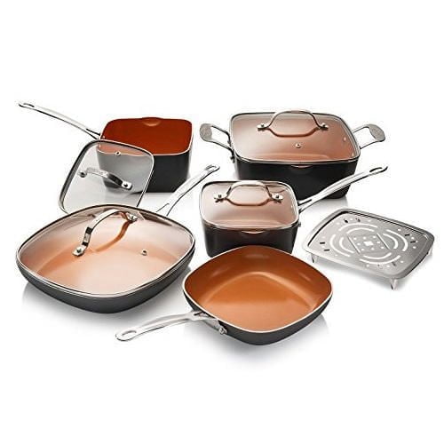 Gotham Steel 10-Piece Square Kitchen Set with Non-Stick Ti-Cerama Coating– 25% More Cooking Space than Round - Includes Skillets, Fry Pans, Stock Pots and Steamer, As Seen on TV - Graphite