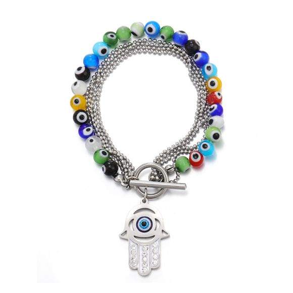 YSTINNG Evil Eye Blue Beaded Charm Stretch Bracelet Hand of Fatima Turkish Lucky Evil Eye Bracelet for Protection and Blessing A311-001