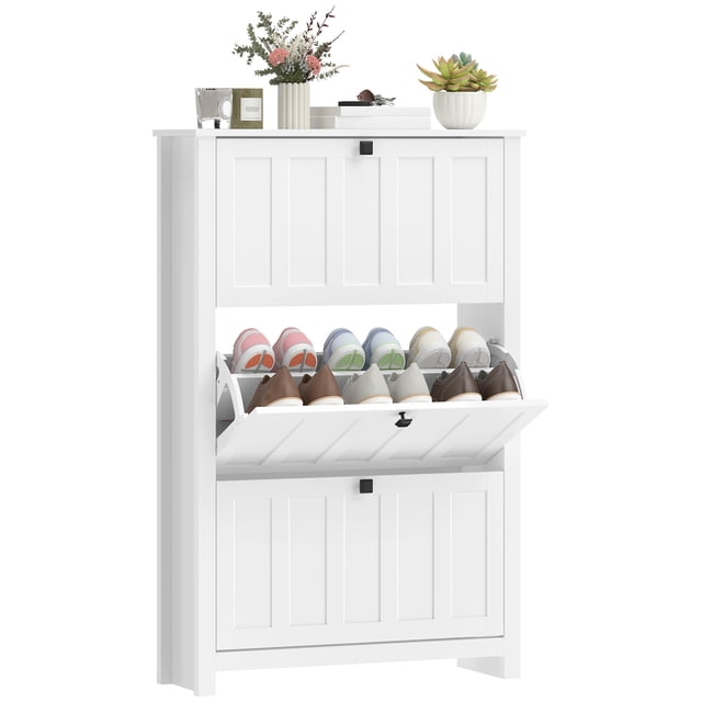 HOMCOM Narrow Shoe Cabinet with 3 Flip Drawers, Shoe Storage Cabinet, White