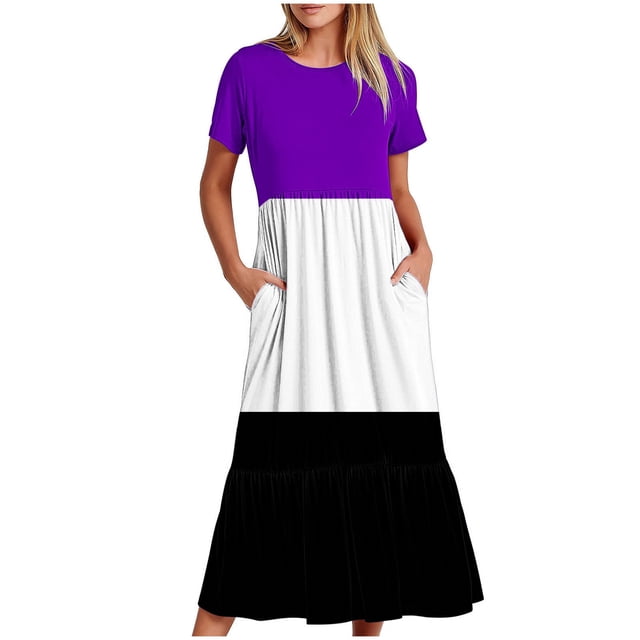 Tumotour Robe d'Été pour Femmes, Imprimée, Ample, Décontractée, à Manches Courtes, Col Ras du Cou, Ligne A, Évasée, Fluide, à Étages, Chemise, Maxi, Plage, Longue, 2025, Tenues Tendance avec Poches