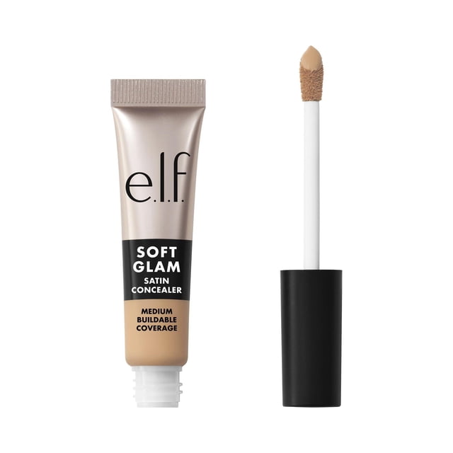 e.l.f. Cosmetics Soft Glam Satin Concealer, 20 Light Cool, 6.3 mL, shown as a beige and taupe squeezable tube with black text and a black-capped doe-foot applicator wand coated with concealer, providing lightweight, creamy medium buildable coverage with a satin finish for face makeup.