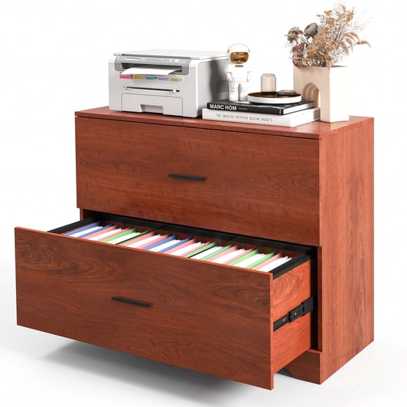 Costway Classeur Latéral en Bois à 2 Tiroirs avec Barres Réglables pour Bureau à Domicile, Noyer