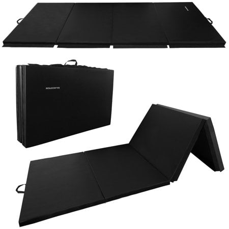 BalanceFrom 10ft x 4ft x 2in 4-Panel All-Purpose Folding Gymnastics Mat, Black front-facing full-length view of the extended black double-sided vinyl mat showing four stitched fold panels, visible 2-inch firm padding at the edge, hook-and-loop connection strips on all sides and built-in carry handles, placed on a neutral studio floor; a portable exercise mat suitable for tumbling, yoga, Pilates and martial arts.