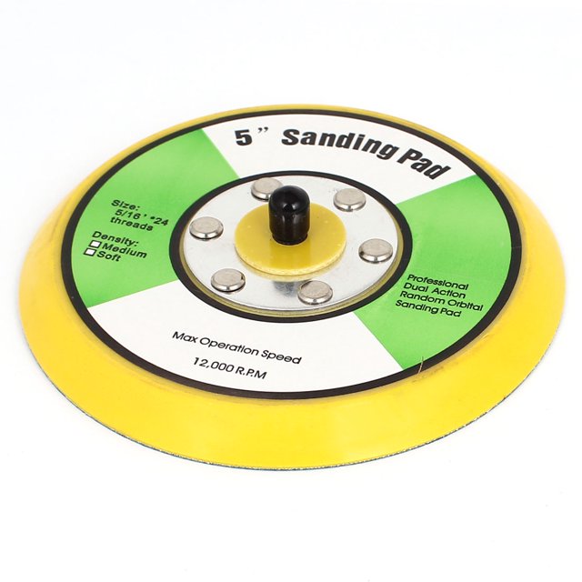 Unique Bargains 5' 125mm dual action orbital sanding disc pad with 24-thread design, featuring a yellow and blue colour scheme and a 5/16-inch male thread diameter. Designed for random orbital sanders and grinder accessories, with a maximum RPM of 12,000.