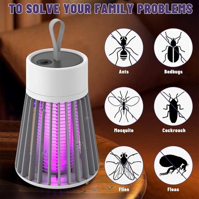 Ymkly Lamp Household Indoor Baby Pregnant Women Special Bedroom Silent Artifact Lamp Physical K. A compact, white and gray indoor insect control lamp with a purple light, featuring a 360° ring design and removable storage box. Designed for safe use by babies, pregnant women, and the elderly, with silent operation at 25dB and USB plug-in functionality. Covers areas up to 20 square meters effectively.