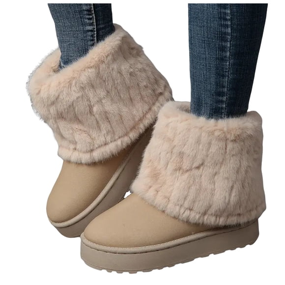 Fuzzy Foldover Mid Calf Snow Boots for Women 2025 Fashion Suede Round Toe Platform Flats Low Heel Winter Short Ankle Booties