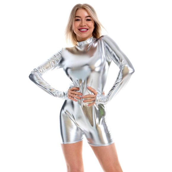 Women's Long Sleeved Leather Small Round Neck Zipper Finger Sleeve Jumpsuit, Suitable For Remote Work