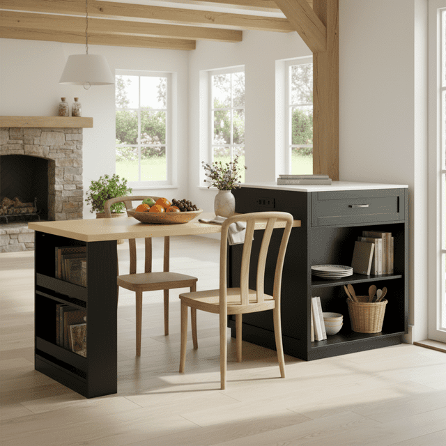 Homy Casa Rolling Kitchen Island with Pull-Out Table and Two-Tone Storage featuring a black wood-grain base and marble-look countertop, with an extended light wood pull-out table and two wooden chairs, open shelving with kitchenware and books, suitable for flexible kitchen storage and dining in a bright, modern kitchen.
