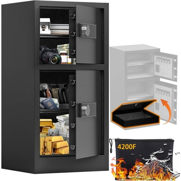 KAER Heavy Duty 8.6 Cub Dual Door Safe Box with Hidden Lock Box & Removable Shelves - Digital Safe for Home, Office, Hotel and Fireproof Waterproof Document Bag