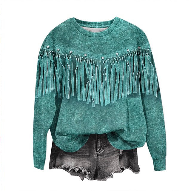 Yuyuzo Sweat-Shirts Oversizes pour Femmes Franges Garniture Chemise Col Rond Pompon Tops Manches Longues Casual Pulls
