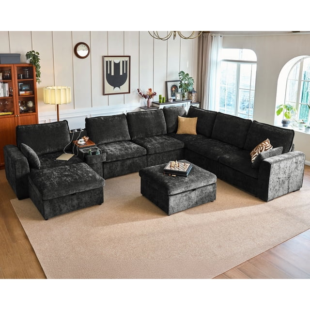 BEDEEP Canapé Sectionnel Modulaire de 169,7 Po avec Console et Station de Recharge, Canapé Nuage en Chenille en L avec Pouf de Rangement, Canapé Profond Convertible 8 Places avec Méridienne pour Salon, Noir