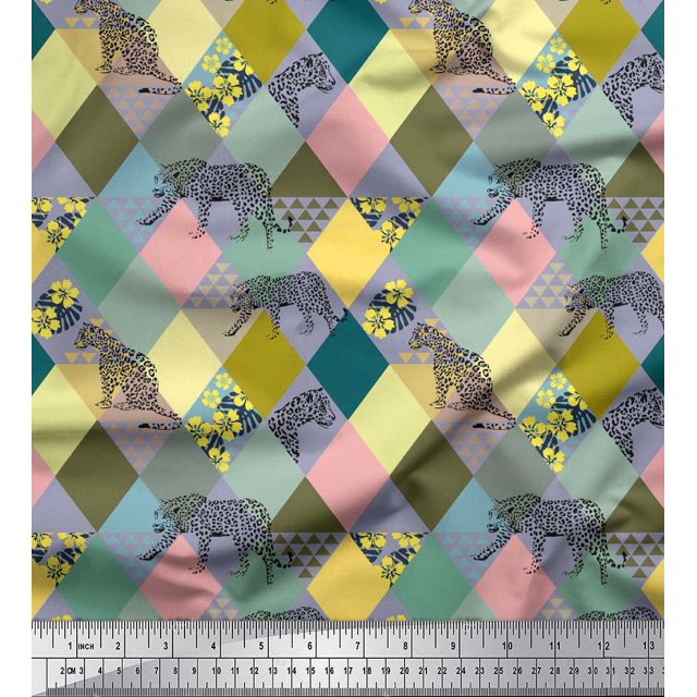Soimoi Velvet Fabric Leopard & Argyle Patchwork Decor Fabric Printed Yard 58 Inch Wide