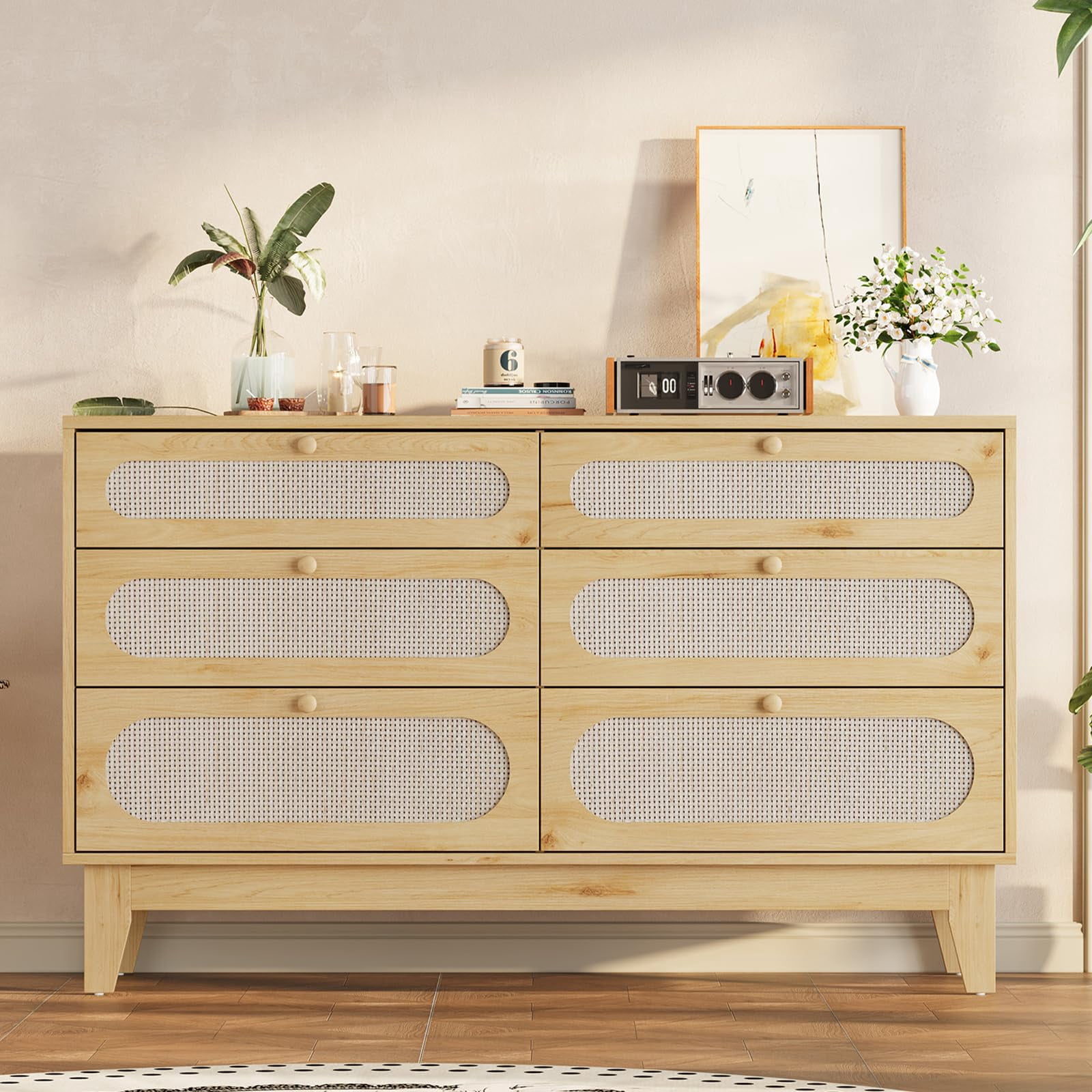 6 Wood  Drawer Dresser, Rattan Dresser, Modern Chest with Drawers, Storage Closet Dressers Chest of Drawers for Bedroom, Living Room