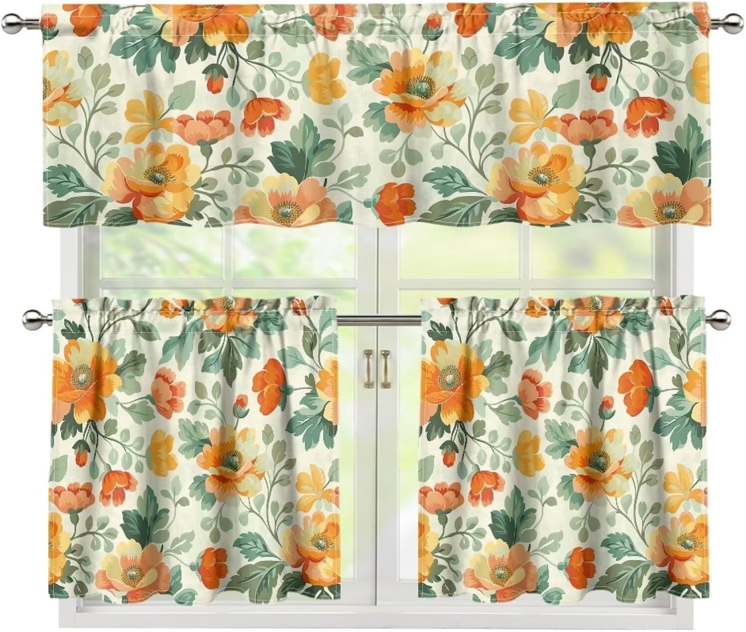 Yellow Floral 3 Pieces Kitchen Curtains and Valances Set Rod Pocket Tier Curtains Decor Curtains for Living Room Bedroom Bathroom, Easy to Install Curtain for Kitchen Window