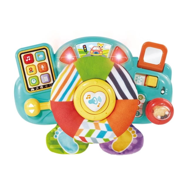 VTech Baby® Bopping & Cruising Baby DriverTM - Version Française, un Volant Jouet Interactif Multicolore pour Bébé avec segments en Tissu Doux, un Bouton Musical Jaune central, des Indicateurs Rouges Lumineux, un Écran de Voiture Dessin Animé, et Plusieurs Boutons Incluant Klaxon, Changement de Vitesse et Pédales, Conçu pour l'Accessoire de Poussette et le Jeu Éducatif Précoce en Électronique pour Enfants.