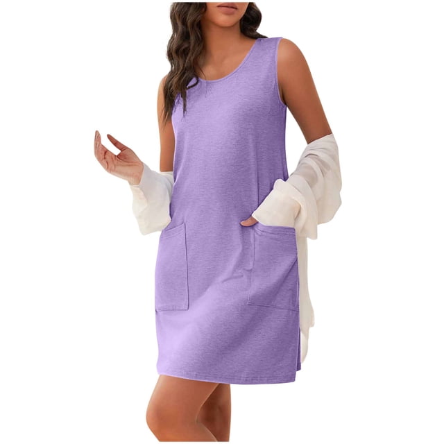Ovzne Robes Grande Taille pour Femmes Rondes Robe Femme Mode Féminine Robe Décontractée Couleur Unie Robe Débardeur à Poches Robe Longue Robe Grande Taille Liquidation