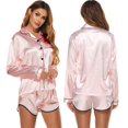 thumbnail image 1 of 2pcs Womens Silk Satin Pajamas Set Button down Floral Pattern Long Sleeve Sleepwear + Short Pants Set Nightwear, 1 of 6