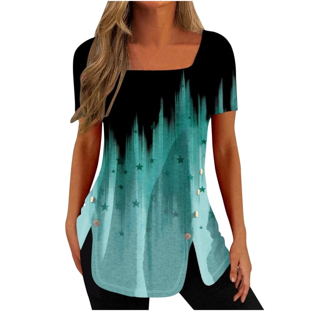 Pompotops Mode Femmes Casual Imprimé Col Carré Manches Courtes Boutons Tops Chemisiers Amples