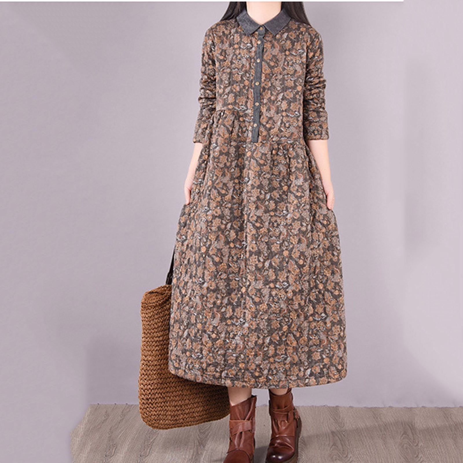 country winter dresses Lekwk Womens Style Floral Print Dress Vintage Quilted Long Sleeve Lapel Warm Cotton Dress Button Down Fall Winter Fashion Outfits Classic Classic Intellectual Clothing TEMP MD A-Line Black Short Casual Color:Coral Color EU 48 = 106/88/112