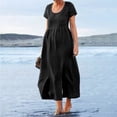 thumbnail image 2 of Robes Boho pour Femmes Été Plage Coton Lin Robe Maxi Col Ras du Cou Manches Courtes Fendue Vacances Robe Longue Unie, 2 of 4