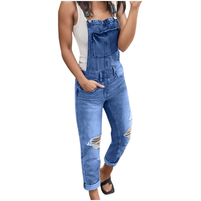 Bmisegm Women's Denim Overalls Ripped Washed Bib Jumpsuits, Dark Blue, XXL