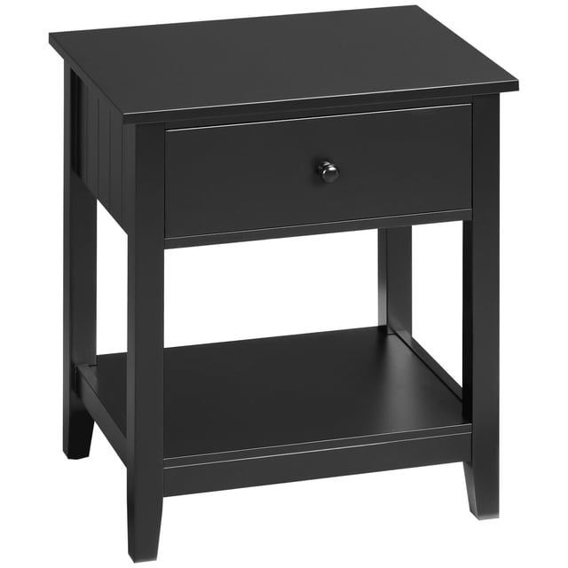 HOMCOM Table de Nuit Moderne, Table d'Appoint avec Tiroir et Tablette de Rangement en Noir. Cette Table de Nuit en MDF Présente un Tiroir Coulissant avec un Bouton Rond, un Dessus Spacieux et une Tablette Inférieure pour un Rangement Supplémentaire. les Panneaux Latéraux Ont des Lignes Verticales Décoratives, et la Table Mesure 19,7 Pouces de long, 13,8 Pouces de Large et 23,6 Pouces de Haut. Convient aux Chambres Ou aux Salons, Elle Offre un design Moderne Qui Complète Divers styles d'Intérieur.