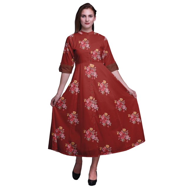 Bimba Robe Chemise Décontractée à Imprimé Floral pour Femme, Robe Évasée Mi-Mollet de Fête - Grand