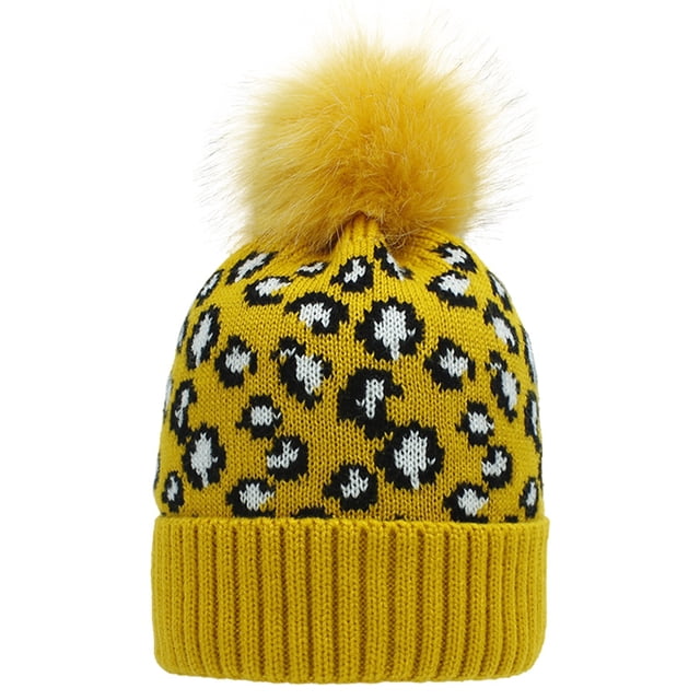 Tuque Léopard pour Femmes Douce Épaissie avec Pompon Bonnet Tricoté Tuque d'Hiver
