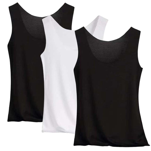 Posijego Lot de 3 Camisoles pour Femmes avec Encolure Dégagée et design Sans Manches. Comprend Deux Camisoles Basiques Noires et une Blanche en Tissu polyester Doux et Respirant, Parfaites pour Superposer, Porter de Façon Décontractée Ou la collection de Camisoles pour Femmes.