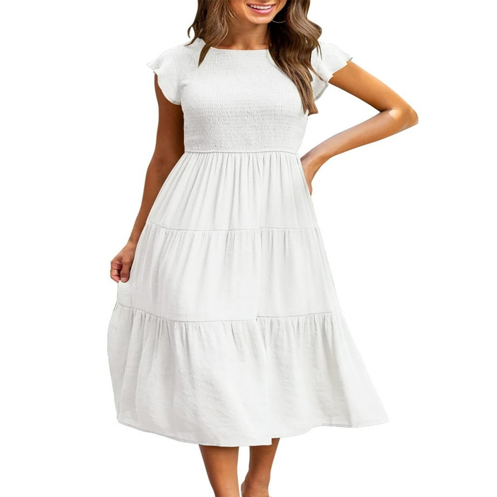 Robe Midi à Manches Courtes Volantées Froncée pour Femme, Été, Décontractée, à Volants, Ligne A, Orange, P