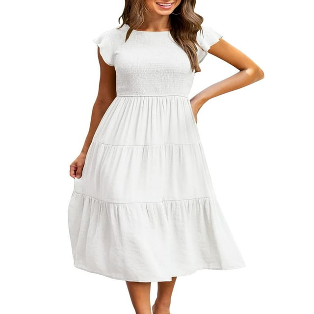Robe Midi à Manches Courtes Volantées Froncée pour Femme, Été, Décontractée, à Volants, Ligne A, Orange, P