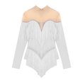 thumbnail image 3 of Alvivi Justaucorps de Danse pour Femmes Manches Longues Patchwork en Maille avec Strass à Franges Robe de Danse Latine Tango Blanche S, 3 of 5